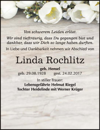 Traueranzeige von Linda Rochlitz von Mitteldeutsche Zeitung Bitterfeld