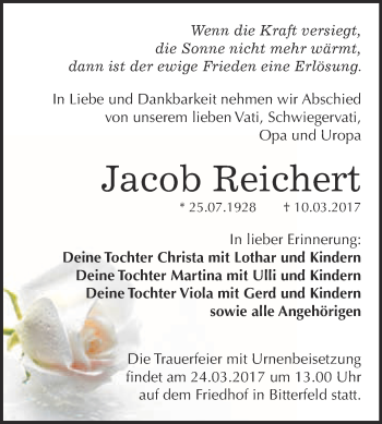 Traueranzeige von Jacob Reichert von WVG - Wochenspiegel Bitterfeld