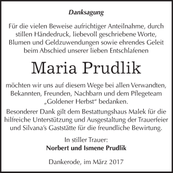 Traueranzeige von Maria Prudlik von Super Sonntag Quedlinburg