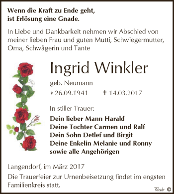 Traueranzeige von Ingrid Winkler von WVG - Wochenspiegel NMB / WSF / ZTZ