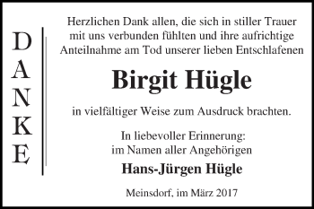 Traueranzeige von Birgit Hügle von WVG - Wochenspiegel Dessau / Köthen