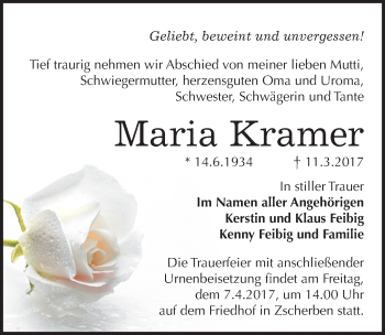 Traueranzeige von Maria Kramer von Mitteldeutsche Zeitung Halle/Saalkreis