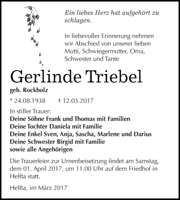 Traueranzeige von Gerlinde Triebel von Super Sonntag SGH Mansf. Land