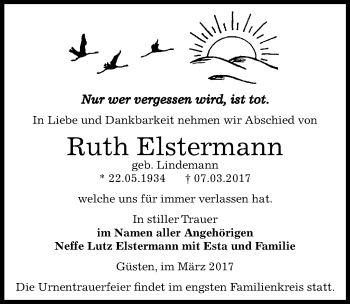 Traueranzeige von Ruth Elstermann von Mitteldeutsche Zeitung Bernburg