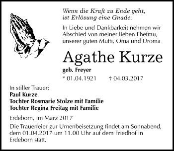 Traueranzeige von Agathe Kurze von Mitteldeutsche Zeitung Mansfelder Land