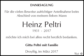 Traueranzeige von Heinz Peltri von Super Sonntag Zeitz