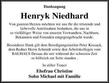 Traueranzeige von Henryk Niedhard von Mitteldeutsche Zeitung Dessau-Roßlau