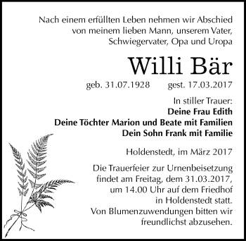 Traueranzeige von Willi Bär von Mitteldeutsche Zeitung Sangerhausen