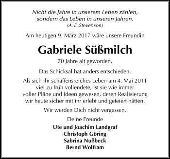 Traueranzeige von Gabriele Süßmilch von Mitteldeutsche Zeitung Dessau-Roßlau