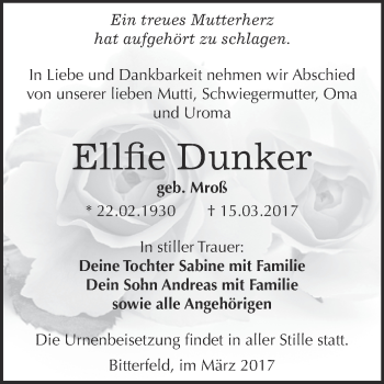 Traueranzeige von Ellfie Dunker von WVG - Wochenspiegel Bitterfeld