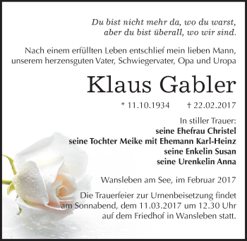 Traueranzeige von Klaus Gabler von Mitteldeutsche Zeitung Mansfelder Land