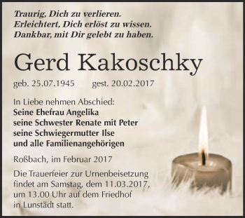 Traueranzeige von Gerd Kakoschky von Super Sonntag Halle