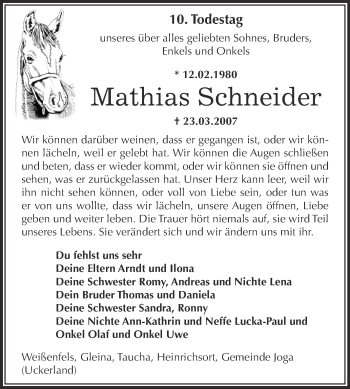 Traueranzeige von Mathias Schneider von WVG - Wochenspiegel NMB / WSF / ZTZ
