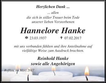 Traueranzeige von Hannelore Hanke von WVG - Wochenspiegel Dessau / Köthen