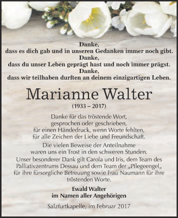 Traueranzeige von Marianne Walter von WVG - Wochenspiegel Bitterfeld