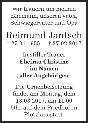 Traueranzeige von Reimund Jantsch von Super Sonntag Bernburg
