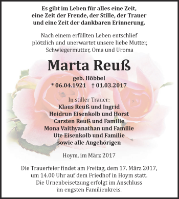Traueranzeige von Marta Reuß von Super Sonntag SGH Mansf. Land