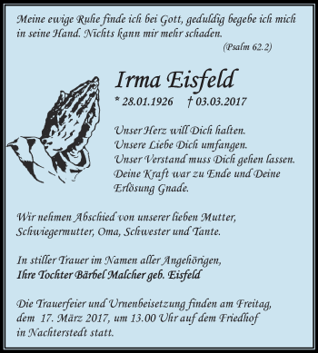 Traueranzeige von Irma Eisfeld von Super Sonntag SGH Mansf. Land