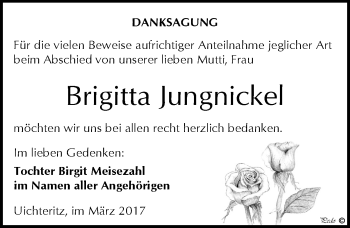 Traueranzeige von Brigitta Jungnickel von Mitteldeutsche Zeitung Weißenfels