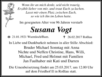 Traueranzeige von Susana Vogt von Mitteldeutsche Zeitung Dessau-Roßlau