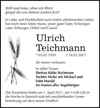 Traueranzeige von Ulrich Teichmann von Mitteldeutsche Zeitung Halle/Saalkreis