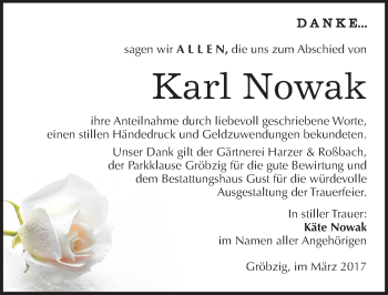 Traueranzeige von Karl Nowak von Mitteldeutsche Zeitung Köthen
