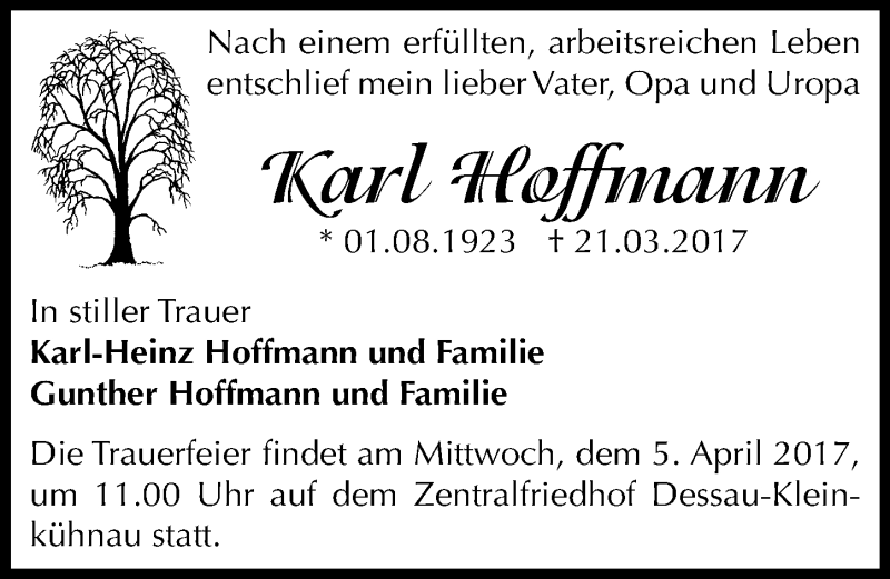 Traueranzeige für Karl Hoffmann vom 31.03.2017 aus Mitteldeutsche Zeitung Dessau-Roßlau