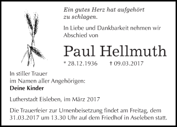 Traueranzeige von Paul Hellmuth von Super Sonntag SGH Mansf. Land