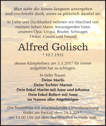 Traueranzeige von Alfred Golisch von Mitteldeutsche Zeitung Halle/Saalkreis