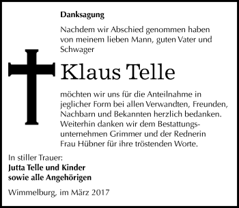 Traueranzeige von Klaus Telle von Mitteldeutsche Zeitung Mansfelder Land