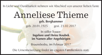 Traueranzeige von Anneliese Thieme von Mitteldeutsche Zeitung Merseburg/Querfurt