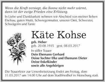 Traueranzeige von Käte Kohse von Super Sonntag Halle