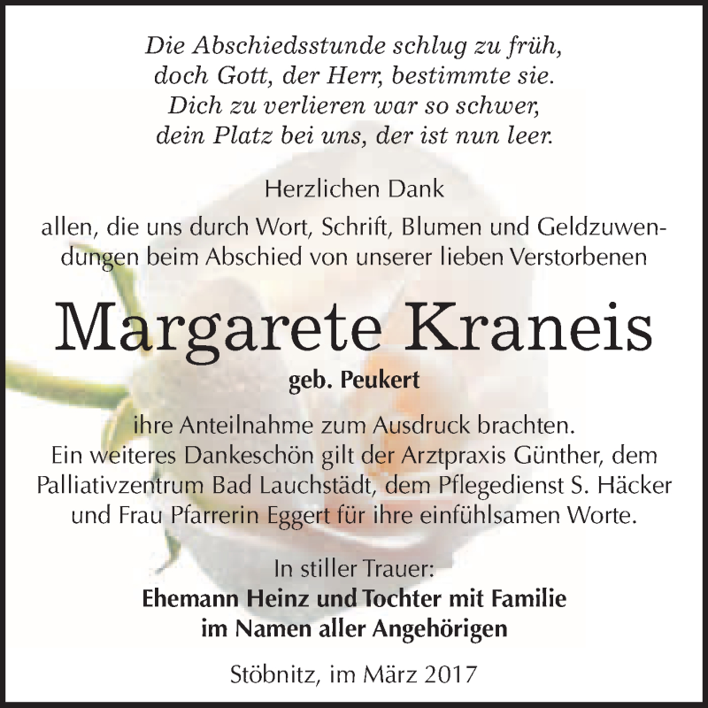  Traueranzeige für Margarete Kraneis vom 11.03.2017 aus Super Sonntag Halle