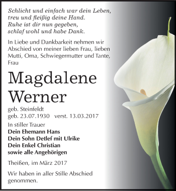 Traueranzeige von Magdalene Werner von Mitteldeutsche Zeitung Zeitz