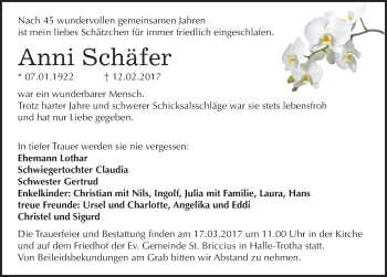 Traueranzeige von Anni Schäfer von Mitteldeutsche Zeitung Halle/Saalkreis