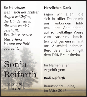 Traueranzeige von Sonja Reifarth von Super Sonntag Halle