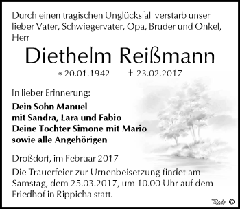 Traueranzeige von Diethelm Reißmann von Mitteldeutsche Zeitung Zeitz