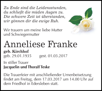 Traueranzeige von Anneliese Franke von Super Sonntag SGH Mansf. Land
