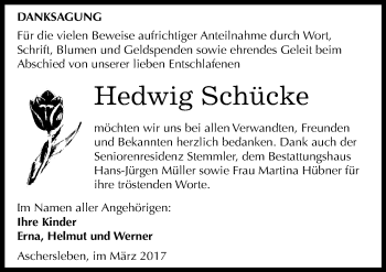 Traueranzeige von Hedwig Schücke von Mitteldeutsche Zeitung Aschersleben
