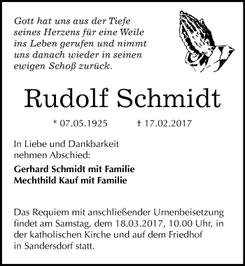 Traueranzeige von Rudolf Schmidt von Mitteldeutsche Zeitung Bitterfeld