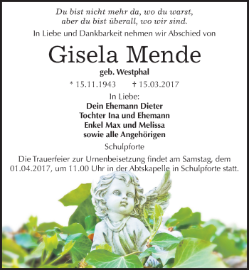 Traueranzeige von Gisela Mende von Mitteldeutsche Zeitung Naumburg/Nebra
