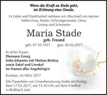 Traueranzeige von Maria Stade von Super Sonntag Halle