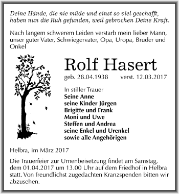 Traueranzeige von Rolf Hasert von Mitteldeutsche Zeitung Mansfelder Land