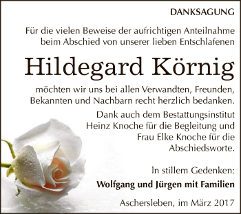 Traueranzeige von Hildegard Körnig von Super Sonntag SGH Mansf. Land