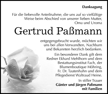 Traueranzeige von Gertrud Paßmann von Mitteldeutsche Zeitung Merseburg/Querfurt