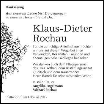 Traueranzeige von Klaus-Dieter Rochau von WVG - Wochenspiegel Dessau / Köthen