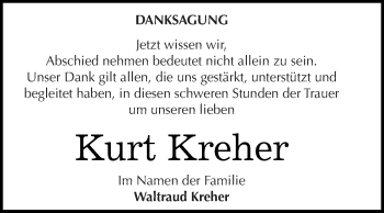 Traueranzeige von Kurt Kreher von WVG - Wochenspiegel Dessau / Köthen