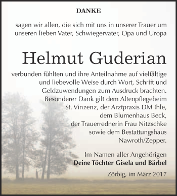 Traueranzeige von Helmut Guderian von WVG - Wochenspiegel Bitterfeld