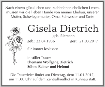 Traueranzeige von Gisela Dietrich von WVG - Wochenspiegel Dessau / Köthen