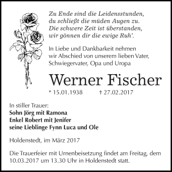 Traueranzeige von Werner Fischer von Super Sonntag SGH Mansf. Land